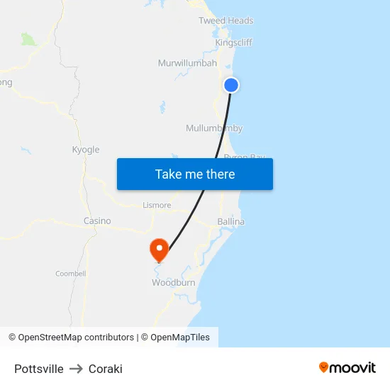 Pottsville to Coraki map