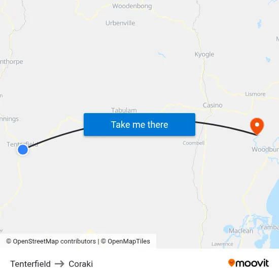Tenterfield to Coraki map