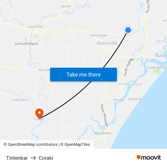 Tintenbar to Coraki map