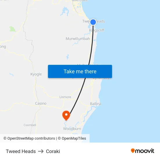 Tweed Heads to Coraki map
