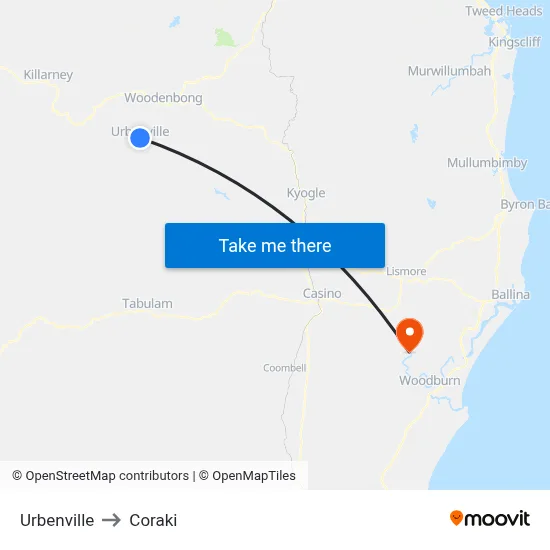 Urbenville to Coraki map
