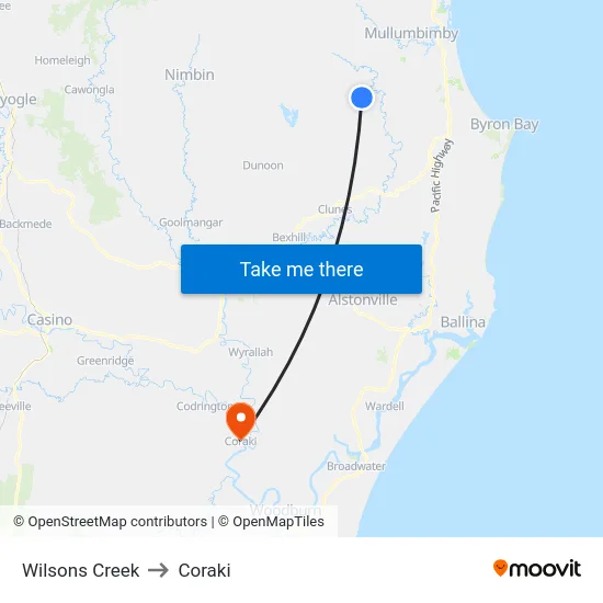 Wilsons Creek to Coraki map