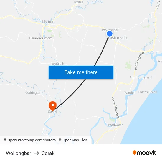 Wollongbar to Coraki map