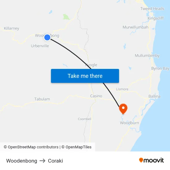 Woodenbong to Coraki map