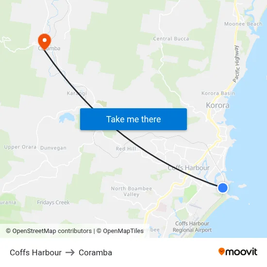 Coffs Harbour to Coramba map