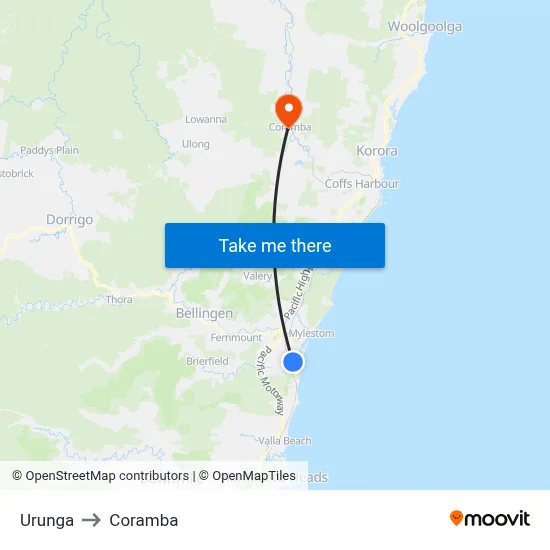 Urunga to Coramba map