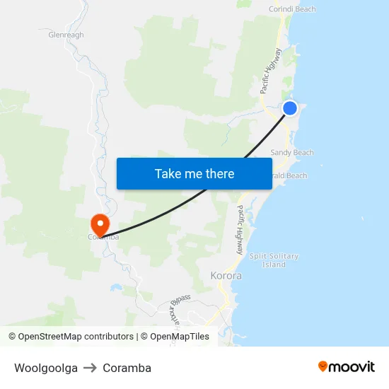 Woolgoolga to Coramba map