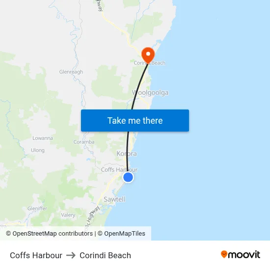 Coffs Harbour to Corindi Beach map