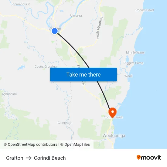 Grafton to Corindi Beach map