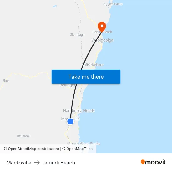 Macksville to Corindi Beach map