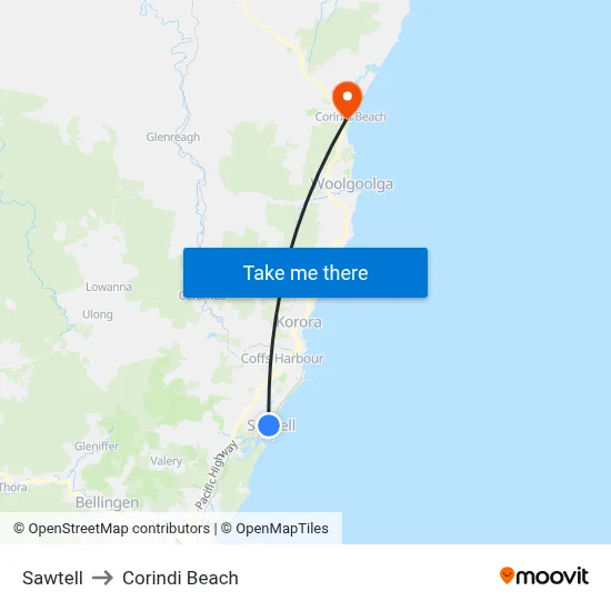 Sawtell to Corindi Beach map