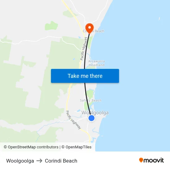 Woolgoolga to Corindi Beach map