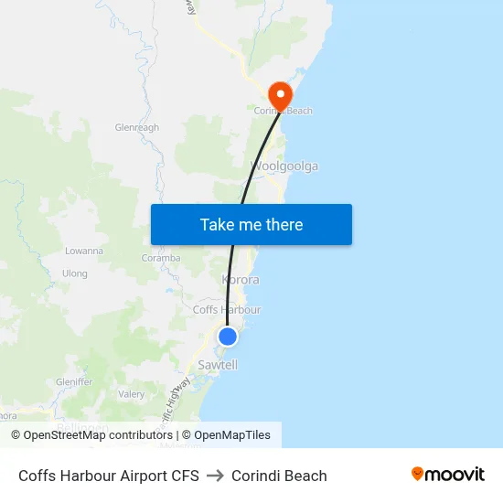 Coffs Harbour Airport CFS to Corindi Beach map