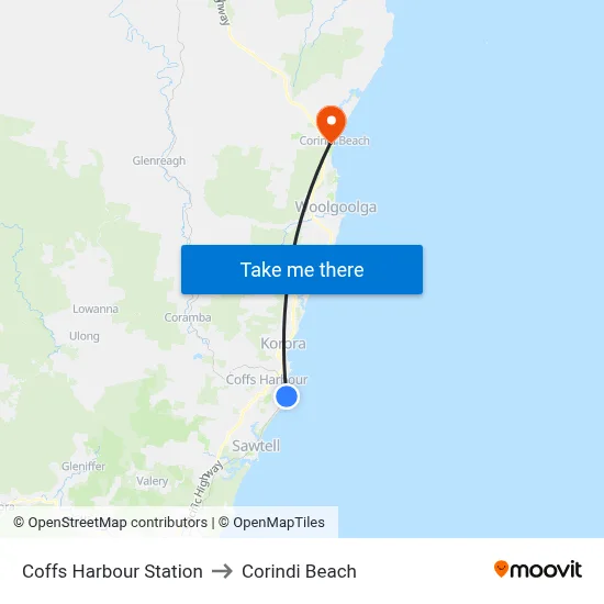 Coffs Harbour Station to Corindi Beach map
