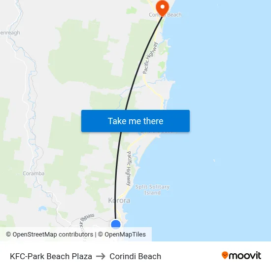 KFC-Park Beach Plaza to Corindi Beach map