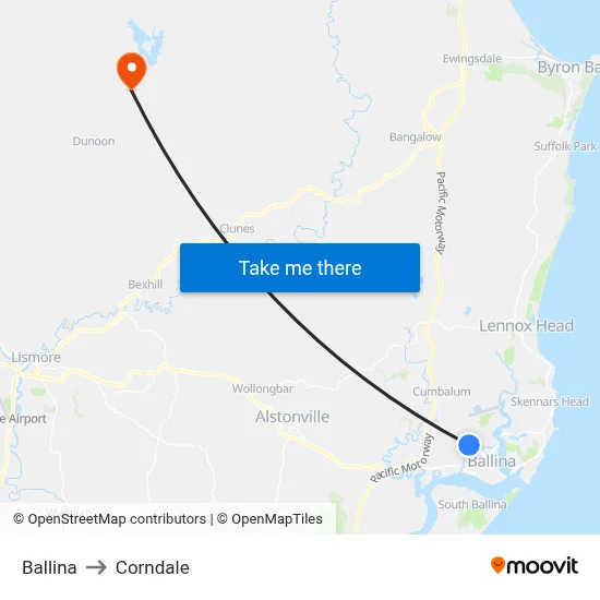 Ballina to Corndale map