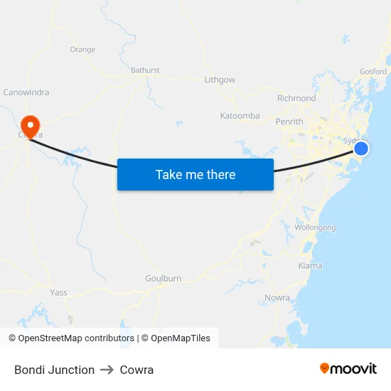 Bondi Junction to Cowra map