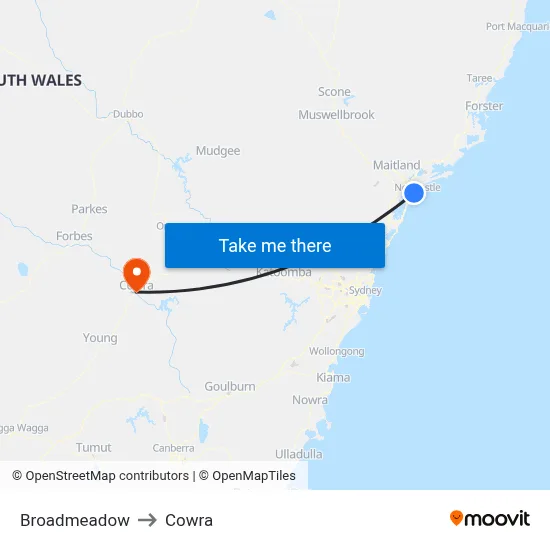 Broadmeadow to Cowra map