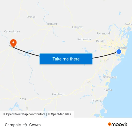 Campsie to Cowra map