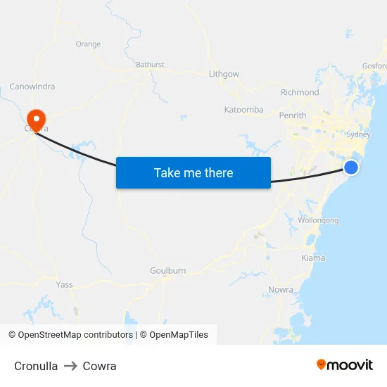 Cronulla to Cowra map