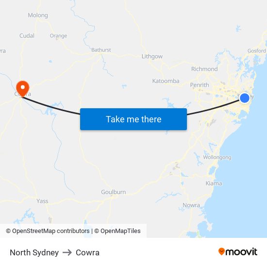 North Sydney to Cowra map