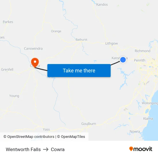 Wentworth Falls to Cowra map
