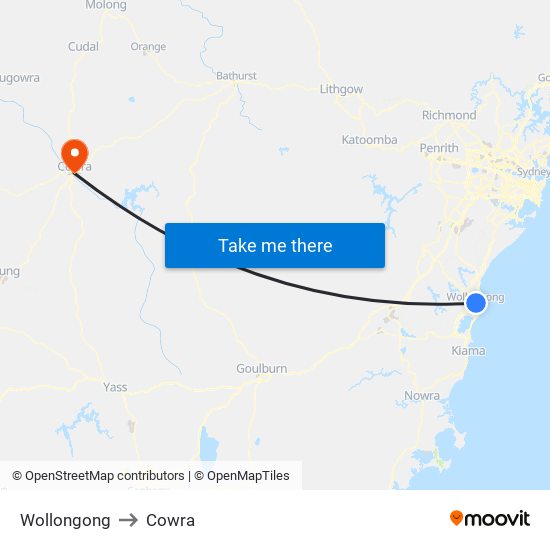 Wollongong to Cowra map