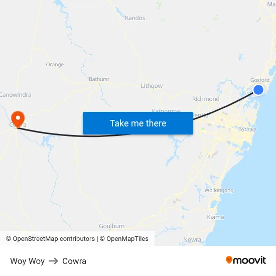 Woy Woy to Cowra map