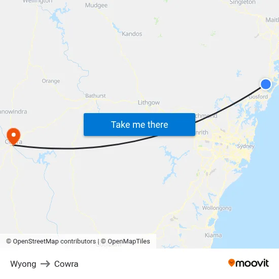 Wyong to Cowra map