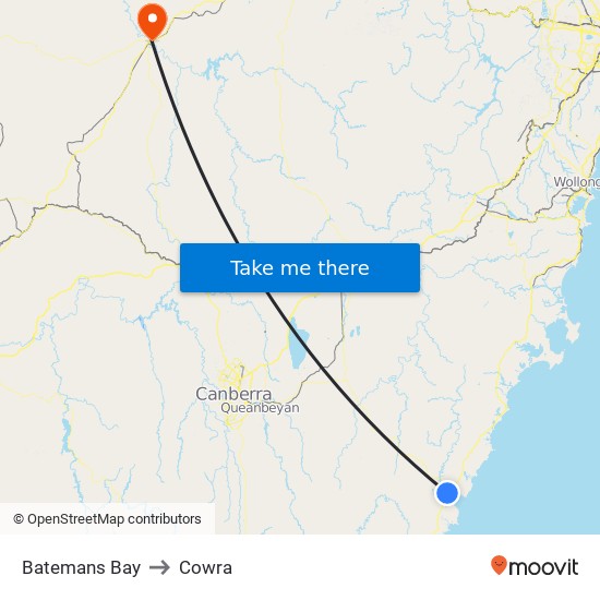 Batemans Bay to Cowra map