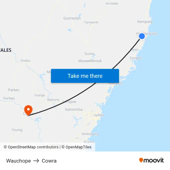 Wauchope to Cowra map