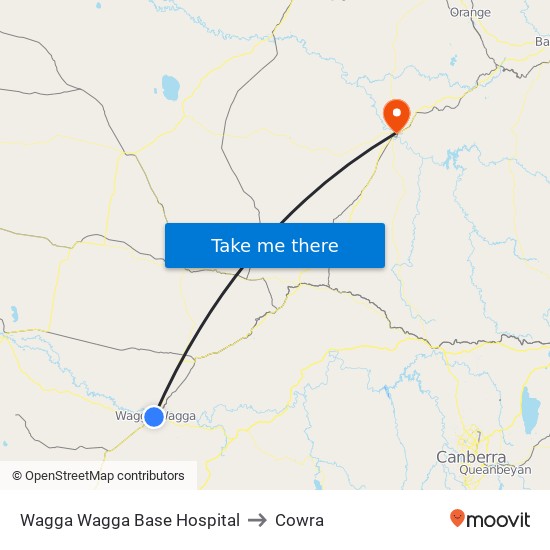 Wagga Wagga Base Hospital to Cowra map