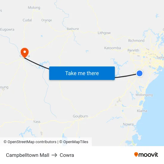 Campbelltown Mall to Cowra map