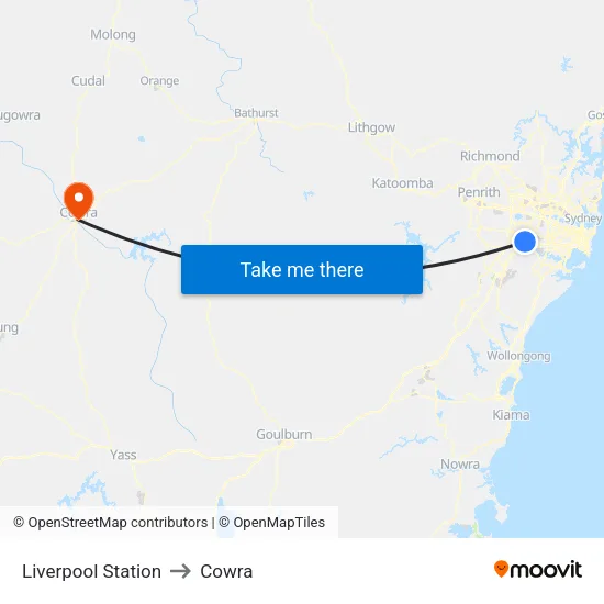 Liverpool Station to Cowra map