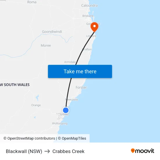 Blackwall (NSW) to Crabbes Creek map