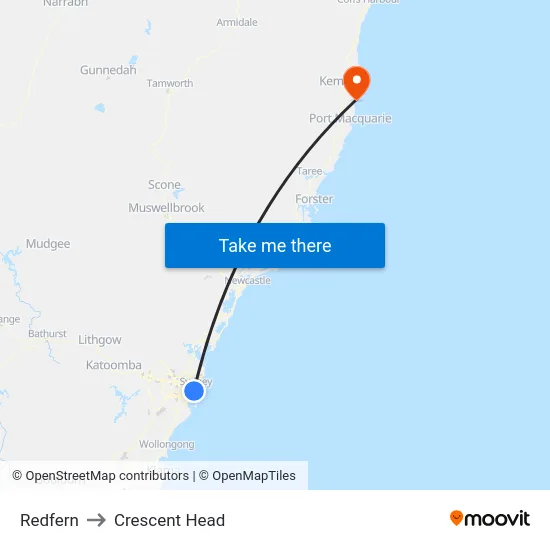 Redfern to Crescent Head map