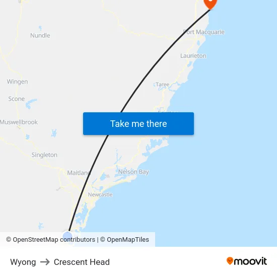 Wyong to Crescent Head map