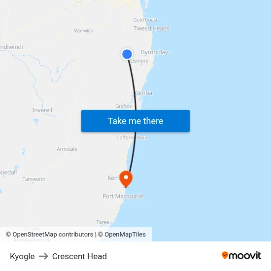 Kyogle to Crescent Head map