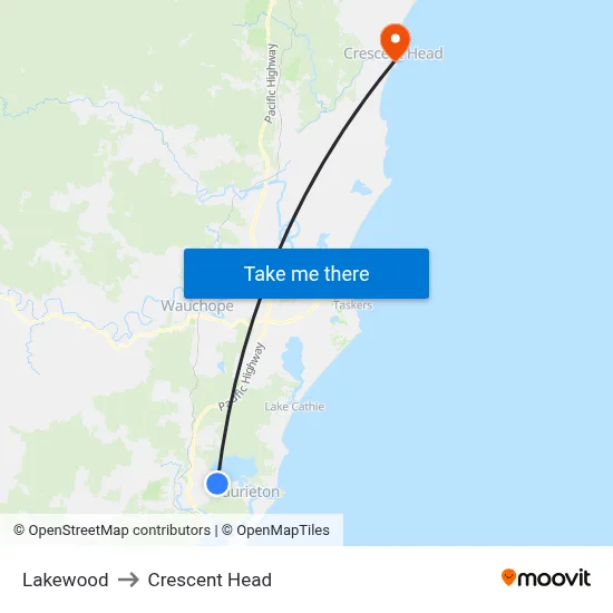 Lakewood to Crescent Head map