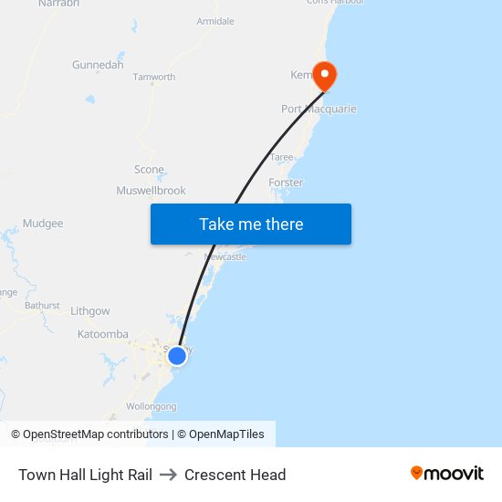 Town Hall Light Rail to Crescent Head map