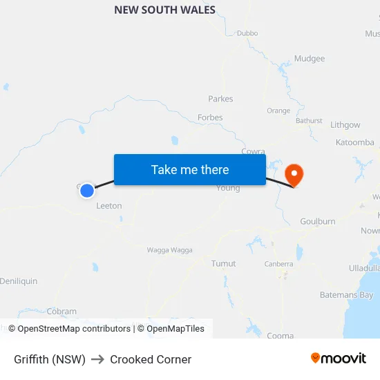 Griffith (NSW) to Crooked Corner map