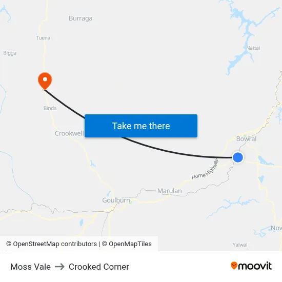 Moss Vale to Crooked Corner map