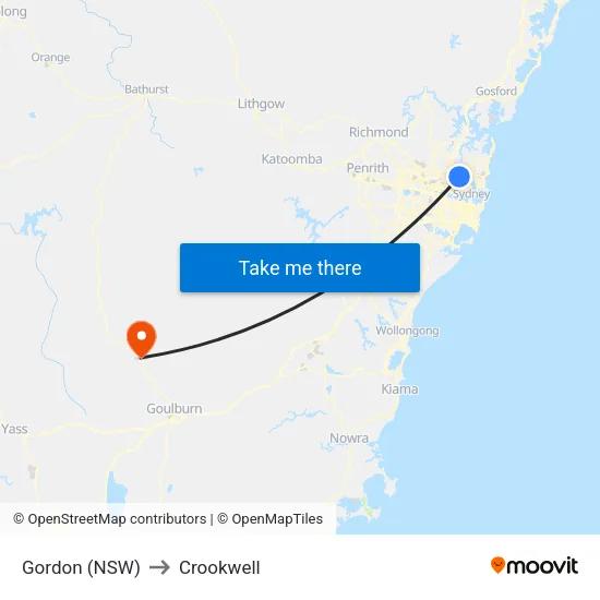 Gordon (NSW) to Crookwell map
