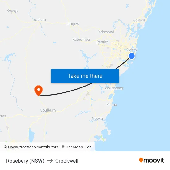 Rosebery (NSW) to Crookwell map