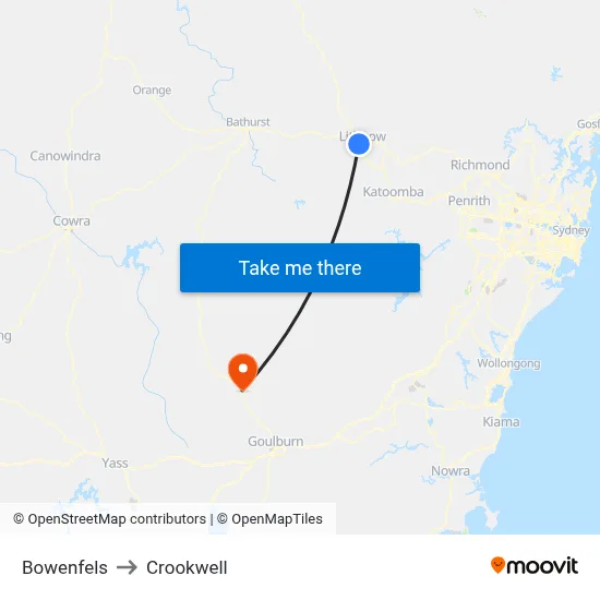 Bowenfels to Crookwell map