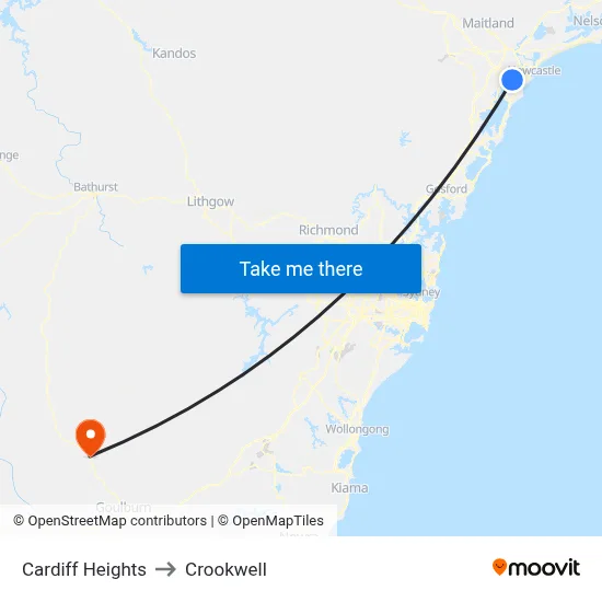 Cardiff Heights to Crookwell map