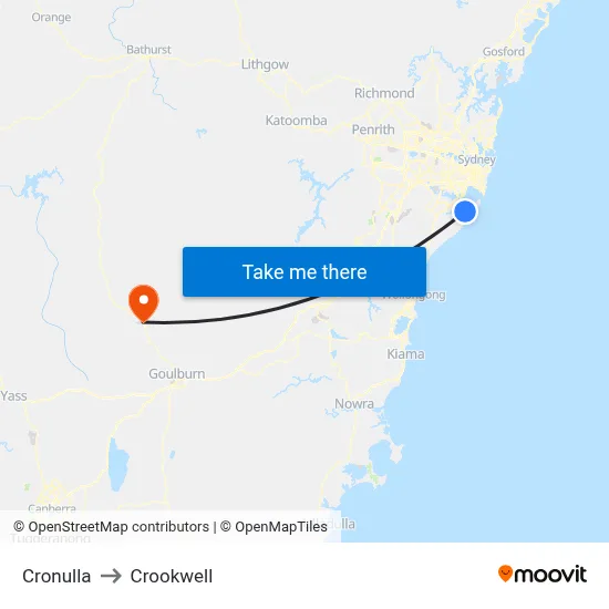 Cronulla to Crookwell map