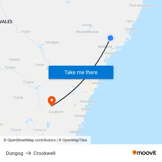 Dungog to Crookwell map