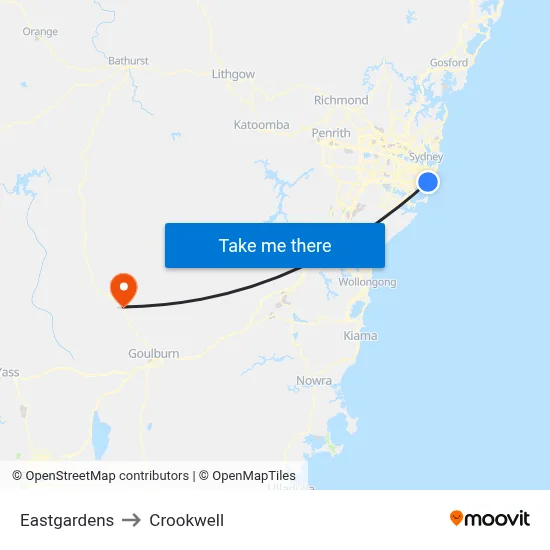 Eastgardens to Crookwell map