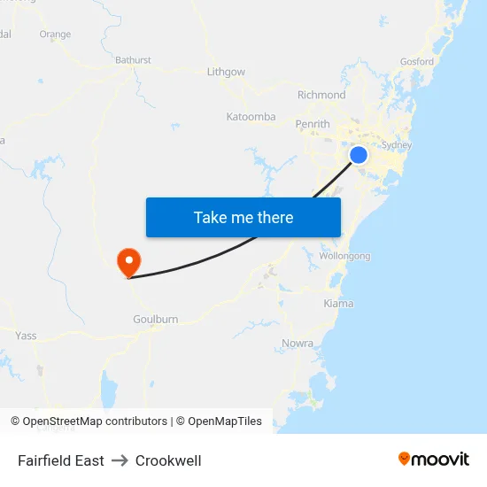 Fairfield East to Crookwell map